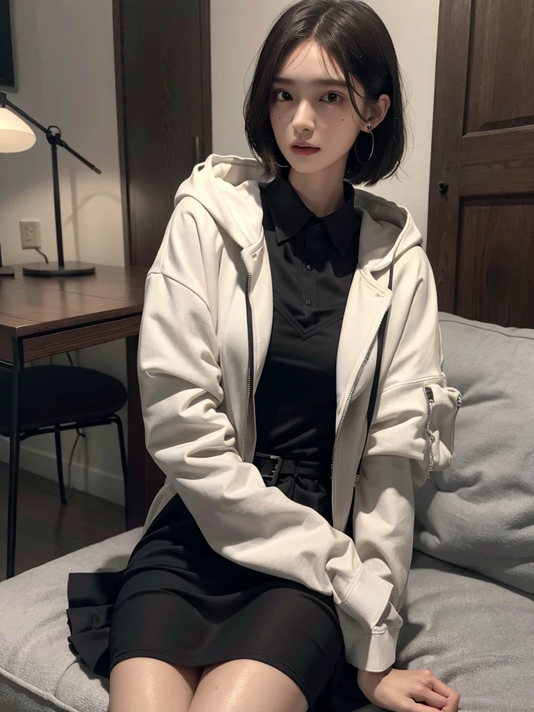 absurdres, RAW photo, extremely delicate and beautiful, masterpiece, Best Quality, ultra high resolution, 32k, hyperrealistic, ultra-detailed, perfect anatomy, perfect figure, super Detailed skin, 20 years old, very Slim body, narrow waist, very small head, very small face, delicate facial features, tearful mole, earring, thin legs, bare legs, very huge round breasts, short medium hair, wavy hair, wet clothes, hoodie, jacket, skirt, ((collared dress shirt)),