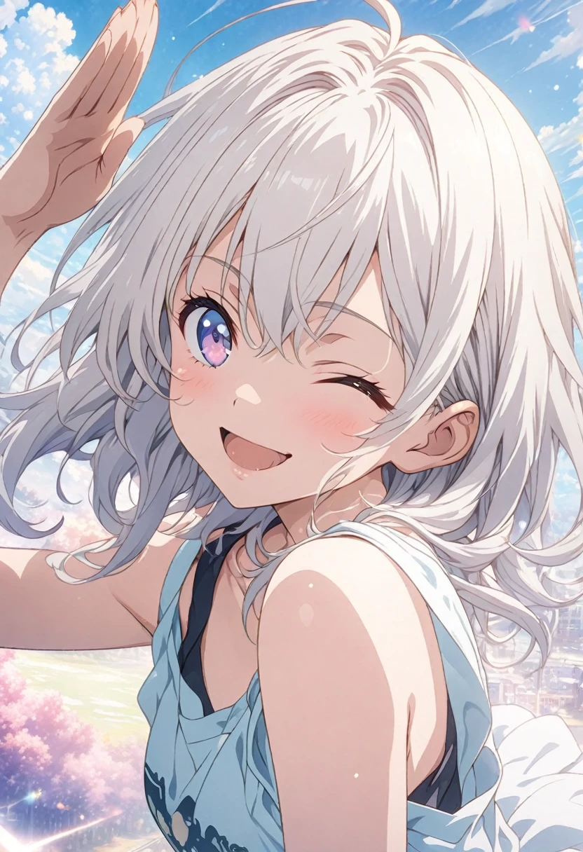 masterpiece, Highest quality, Highly detailed CG Unity 8k wallpaper, High School Girl Anime Illustration. Wear an oversized tank top、Salute、she has her eyes closed and mouth open, smile. The background is a light pastel colored landscape., White hair color