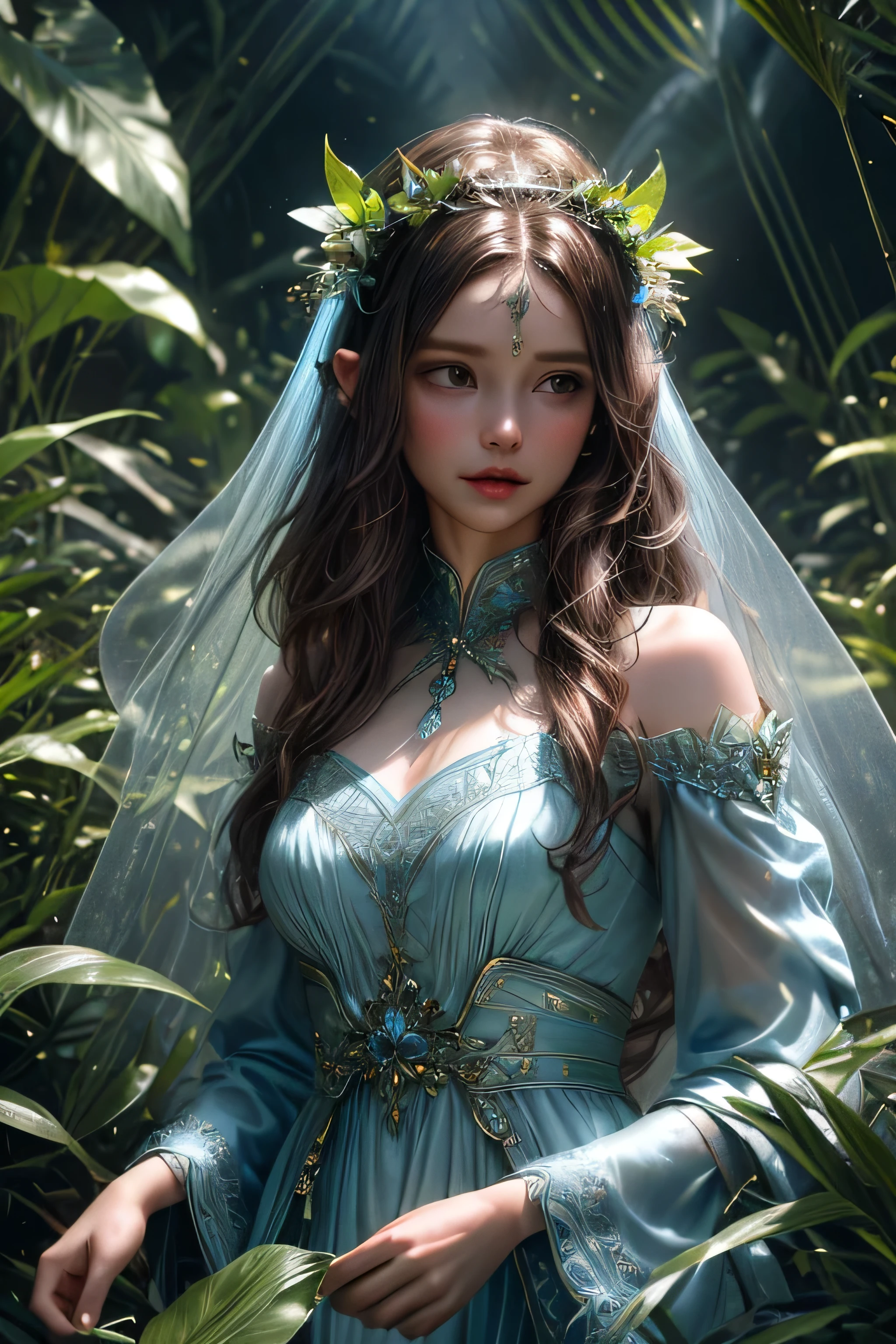 A fairy women wear long milk blue dress, beautiful face, long fairy ears, long brown hair, branch tiara, walk away at the fairy jungle that have neon glow plants, ray of light, morning vibes, high class fashion, a lot of detail, ornaments, cinematic lighting, medium shot 50mm, half body angle, masterpiece, ultra detailed, hyper realistic, ultra hd, 8k
