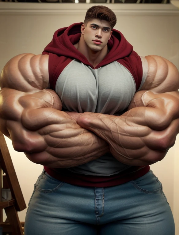 1boy, giant, giant bodybuilder, stand, illuminating light, strong body, bulk, large size, staring, standing, in the whiet photo studio, ivory hoodie and jeans pants, prominent bulge, extraordinary big, brutalmass, giant, muscular body, bulk, buff, massive body, large meaty body size, extremely wide body