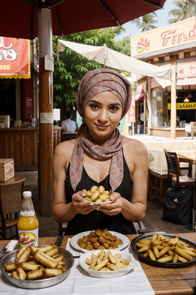 a woman wearing a headscarf is selling fried foods such as fried bananas, bakwan, fried tempeh and others stored on the table