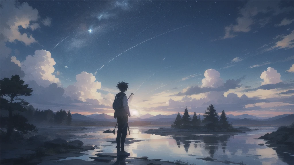 真っ暗なnight空,Octane, star (null), scenery, Blue parakeet,The acoustic guitar is in front of the body.,star, night, A girl and a boy back to back, Back view, 座ってる,Outdoor, city,Blue parakeet,building, cloud, 天のriver,silhouette