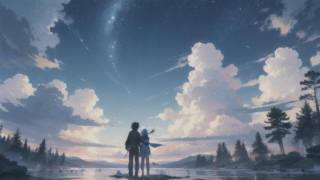 真っ暗なnight空,Octane, star (null), scenery, Blue parakeet,The acoustic guitar is in front of the body.,star, night, A girl and a boy back to back, Back view, 座ってる,Outdoor, city,Blue parakeet,building, cloud, 天のriver,silhouette