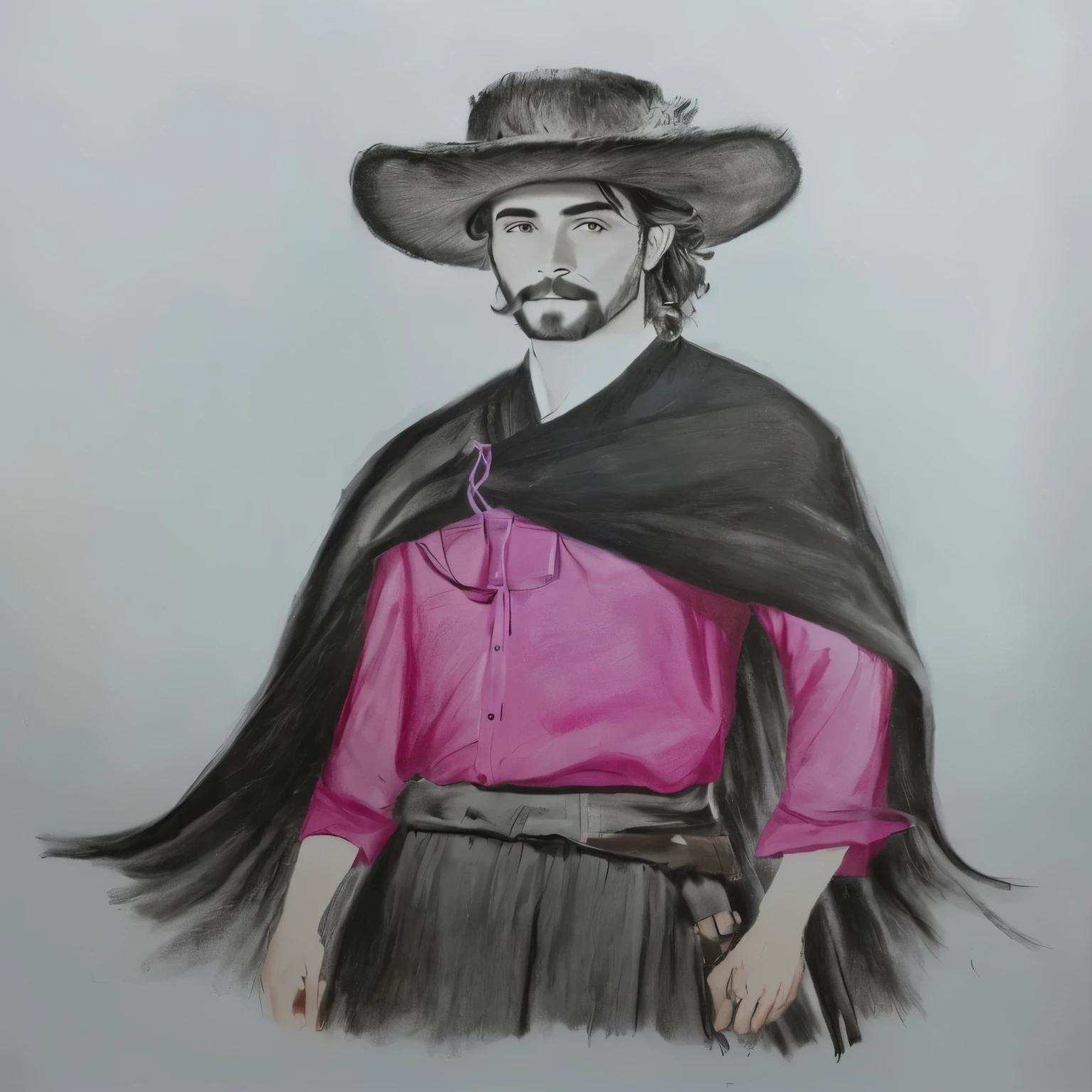 a drawing of a man with a native gaucho hat and a pink shirt, inspired by Germán Londoño, inspired by Agustín Fernández, inspired by Toros Roslin, inspired by Alonso Vázquez, inspired by Pedro Álvarez Castelló, a portrait of the character, inspired by Oscar Rodríguez Naranjo, native gaucho
