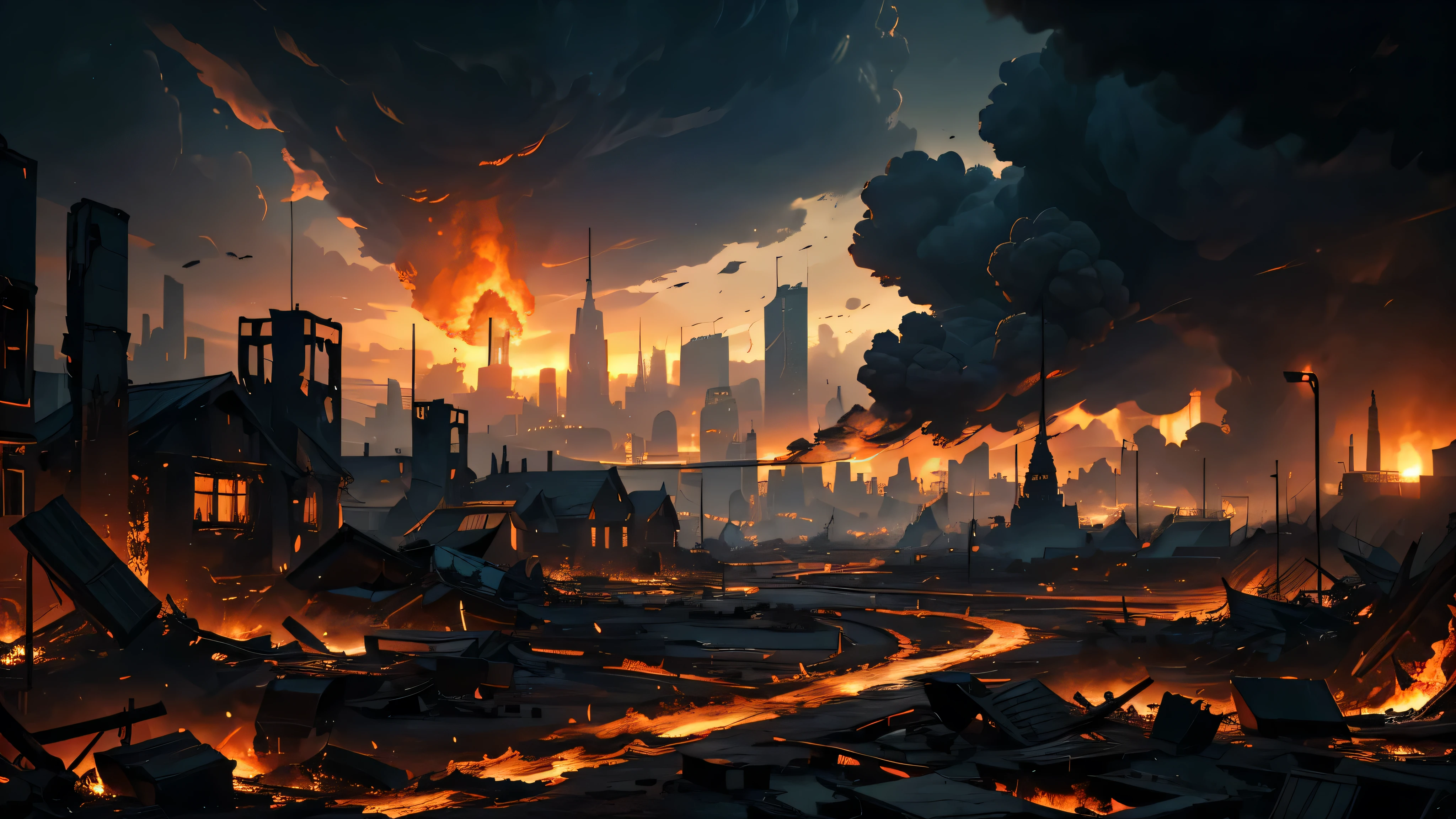 (best quality,ultra resolution,highres,masterpiece:1.2),professional,ultra-detailed,dark landscape with a city with destroyed houses, flames and smoke, night