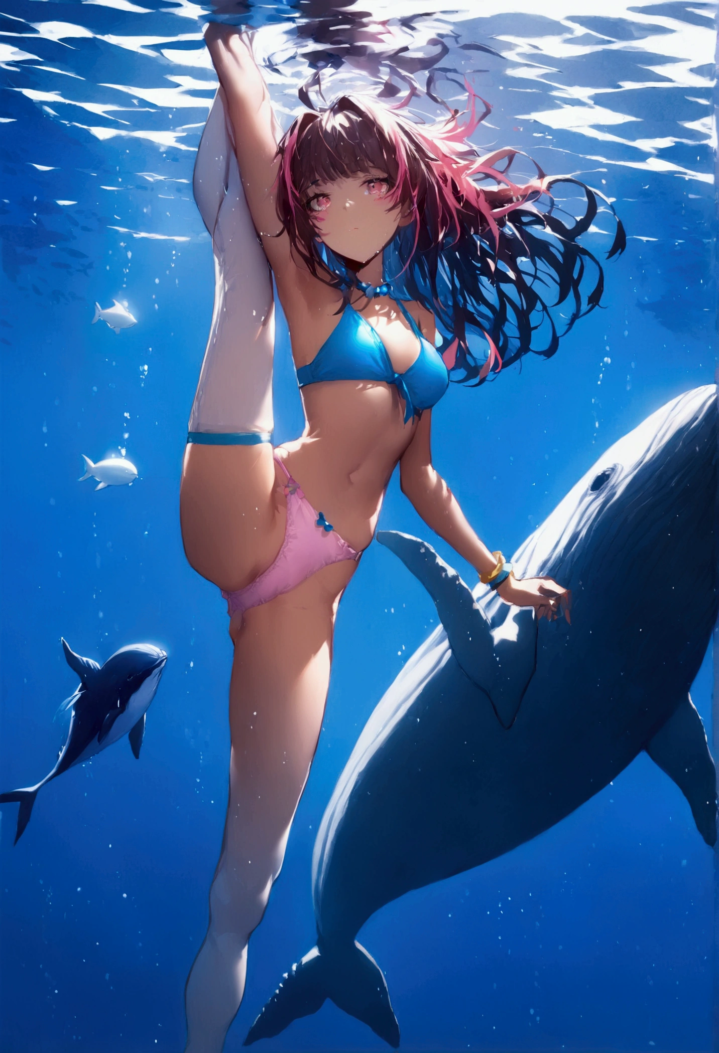 (masterpiece, Best Quality, ultra detailed, best shadow), (beautiful detailed face:1.3),(Alone), (family_friendly:0.8),high contrast, ultra high resolution,(1 girl under the deep sea:1.6),(dive and pet a whale:1.3),Whole body, swimsuit,refract light from above,bright_light,vivid algae,colorful corals, looking_far, pez tropical,(turbulence disturbed hair:1.2),([blue|the payment] hair:1.1) pink panties 