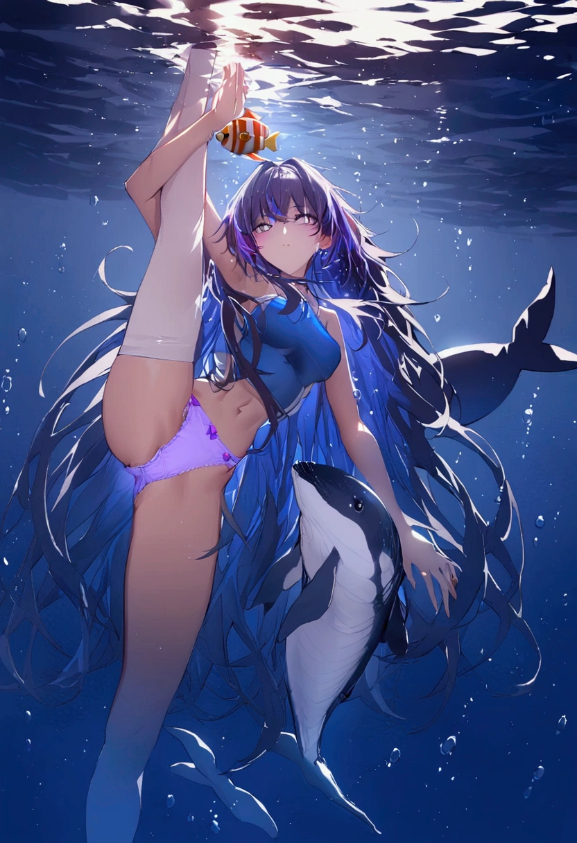 (masterpiece, Best Quality, ultra detailed, best shadow), (beautiful detailed face:1.3),(Alone), (family_friendly:0.8),high contrast, ultra high resolution,(1 girl under the deep sea:1.6),(dive and pet a whale:1.3),Whole body, swimsuit,refract light from above,bright_light,vivid algae,colorful corals, looking_far, pez tropical,(turbulence disturbed hair:1.2),([blue|the payment] hair:1.1) pink panties 