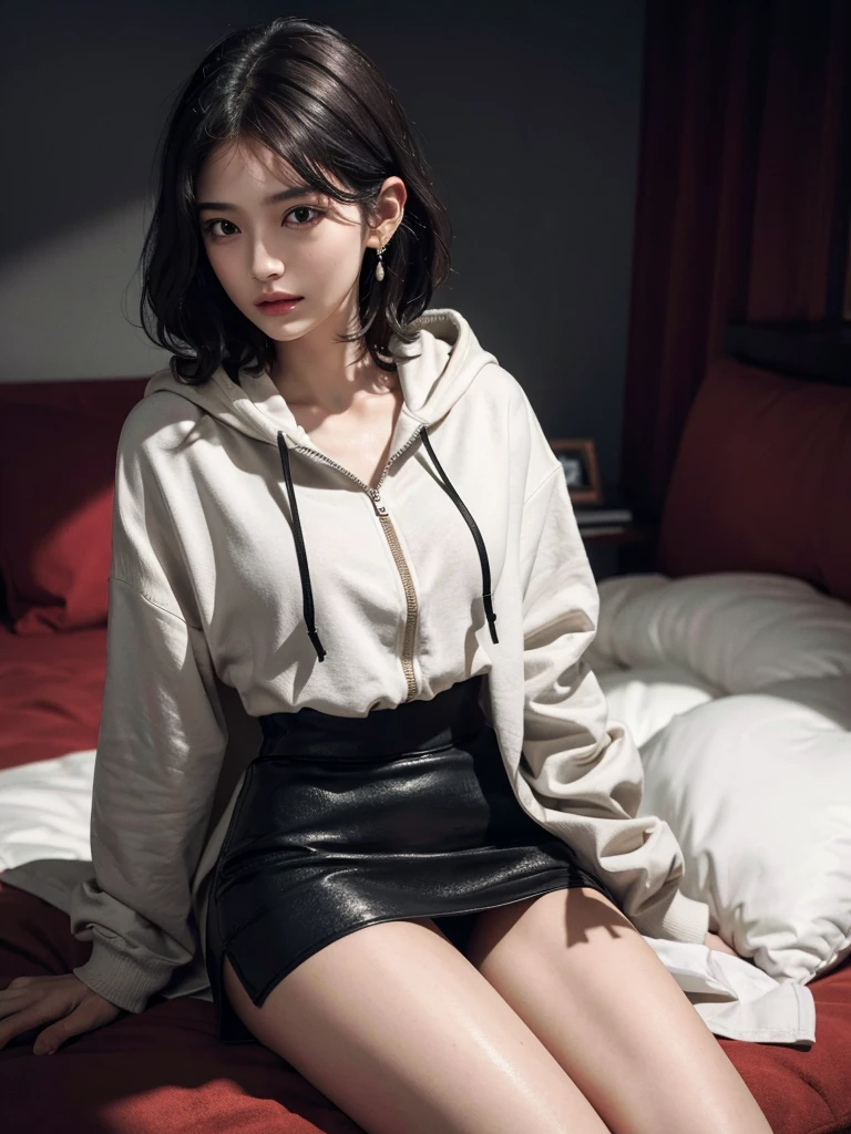 absurdres, RAW photo, extremely delicate and beautiful, masterpiece, Best Quality, ultra high resolution, 32k, hyperrealistic, ultra-detailed, perfect anatomy, perfect figure, super Detailed skin, Very detailed CG 8k wallpaper, in her 20s, very Slim body, narrow waist, very small head, very small face, delicate facial features, tearful mole, earring, thin legs, very huge round breasts, full body shot, short hair, wavy hair, Hoodie Jacket, collared dress shirt, short pencil skirt, wet clothes,