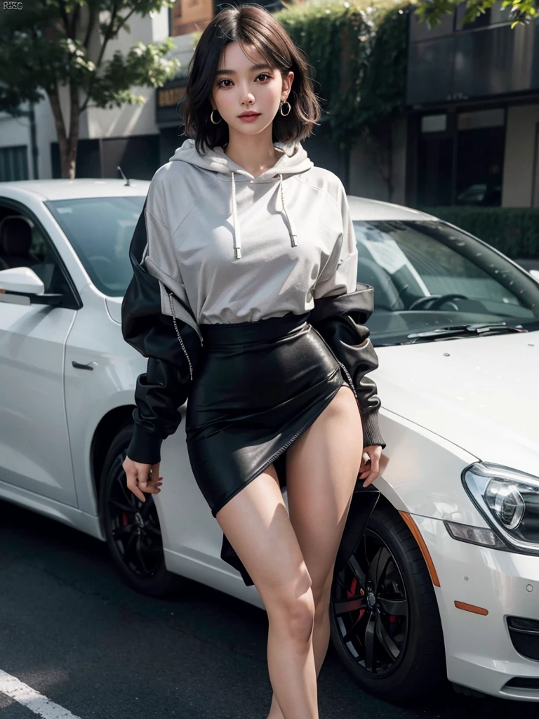absurdres, RAW photo, extremely delicate and beautiful, masterpiece, Best Quality, ultra high resolution, 32k, hyperrealistic, ultra-detailed, perfect anatomy, perfect figure, super Detailed skin, Very detailed CG 8k wallpaper, in her 20s, very Slim body, narrow waist, very small head, very small face, delicate facial features, tearful mole, earring, thin legs, very huge round breasts, full body shot, short hair, wavy hair, Hoodie Jacket, collared dress shirt, short pencil skirt, wet clothes,