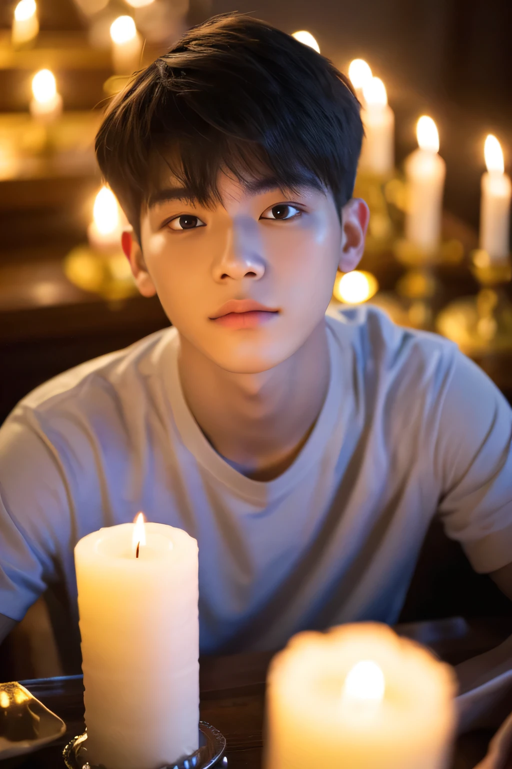 Highest quality, masterpiece, Ultra-high resolution, (Realistic: 1.4), Original photo, wallpaper, Head Photo, skin, Simple Background, Iris, detailed, Selfie, 1 boy, 18-year-old, good looking, Candles