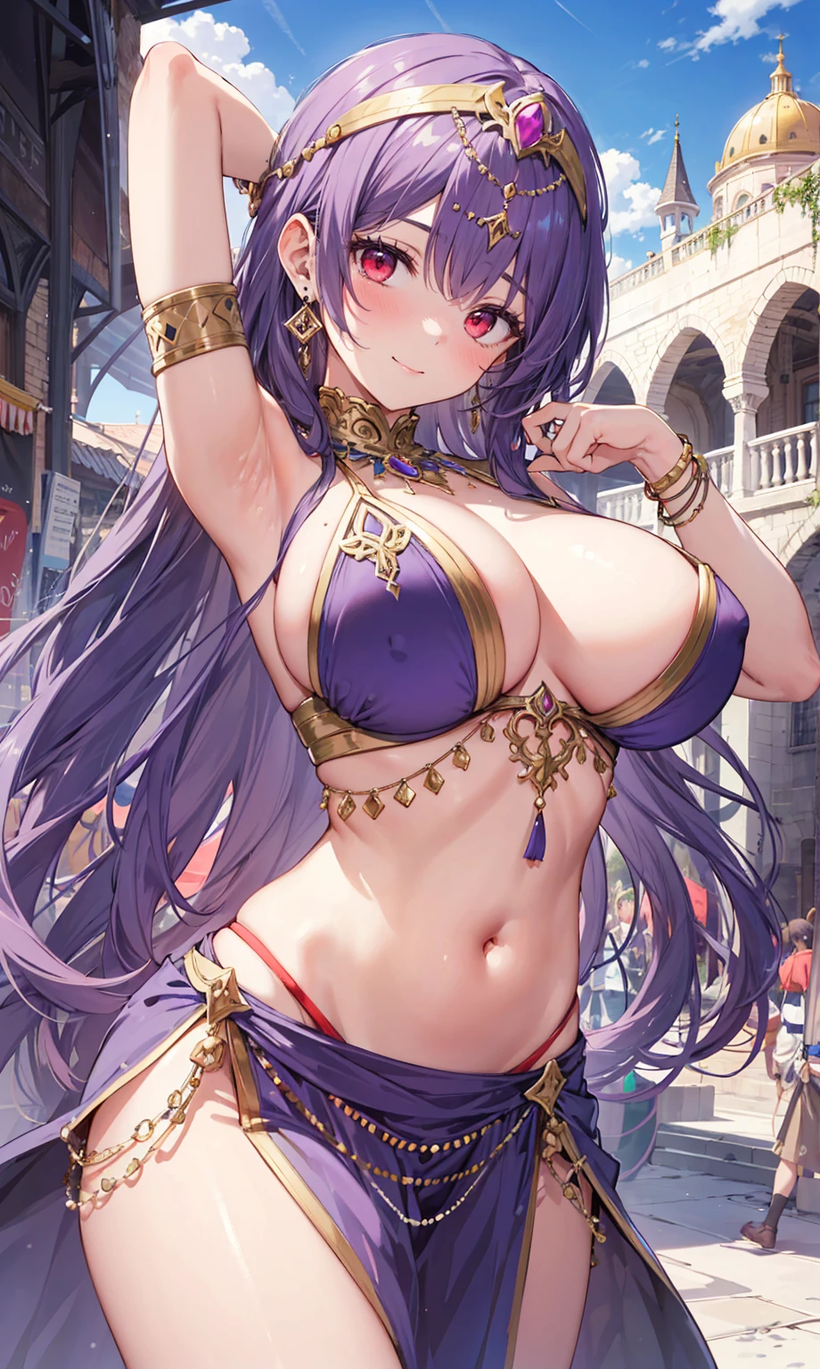 high quality, ultra detailed, best quality, insanely detailed, beautiful, masterpiece, 1girl, medieval plaza, cowboy shot, red eyes, long hair, purple hair, belly dancer, circlet, earrings, armlets, bracelets, bashful smile, large breasts, cleavage, soft stomach