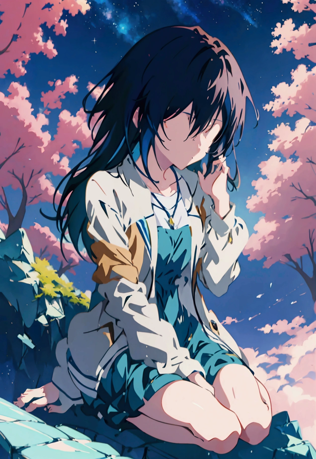 anime girl sitting on a rock looking at the sky,a sky piercing tower far far away, makoto shinkai cyril rolando, anime art wallpaper 4 k, anime art wallpaper 4k, cyril rolando and goro fujita, anime art wallpaper 8 k, 4k anime wallpaper, anime wallpaper 4 k, anime wallpaper 4k, ( ( makoto shinkai ) ), makoto shinkai!
