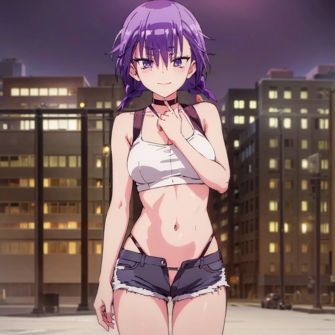 ((1girl)),((alone)), asumi kominami,(masterpiece), (best quality), (ultra detailed), (best illustration), (best shadow), (absurdities), sharp focus, cowboy photo , looking at viewer, big breasts, narrow waist, wide hips, medium thighs, round butt, dynamic posture, purple eyes, purple hair, short hair, black shirt, sleeveless, bare shoulders, hair between eyes, jewelry, choker, bare waist ,navel, short shorts, jean shorts, bare legs, arms in v, hands together, smiling, playful look, seductive smile, closed mouth, serious expression, (sexy pose: 1.2), ((alone)), standing: 1.3, exterior, cityscape, city, streets, night, city lights, looking forward, ((focus on thighs)), point of view (from below), red blush, perfect anatomy, perfect hands.