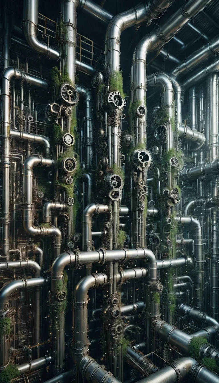 pipe jungle, industrial pipes, architecture made up of pipes and valves, tubular creature, vertical wallpaper, Huge maze of pipes spread highly inside the factory, steam blowing out, A worker holding a wrench is looking up, POV, in the glow of soft, ambient light