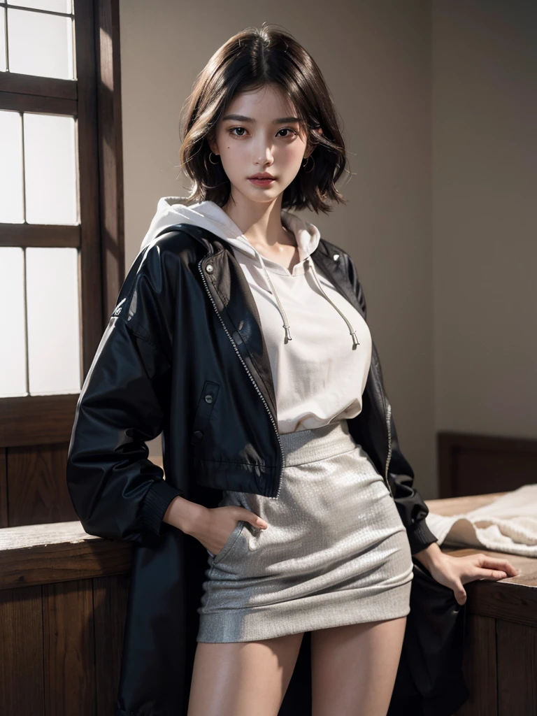absurdres, RAW photo, extremely delicate and beautiful, masterpiece, Best Quality, ultra high resolution, 32k, hyperrealistic, ultra-detailed, perfect anatomy, perfect figure, super Detailed skin, 20 years old, very Slim body, narrow waist, very small head, very small face, delicate facial features, tearful mole, earring, thin legs, bare legs, very huge round breasts, short medium hair, wavy hair, wet clothes, hoodie, jacket, skirt, collared dress shirt,