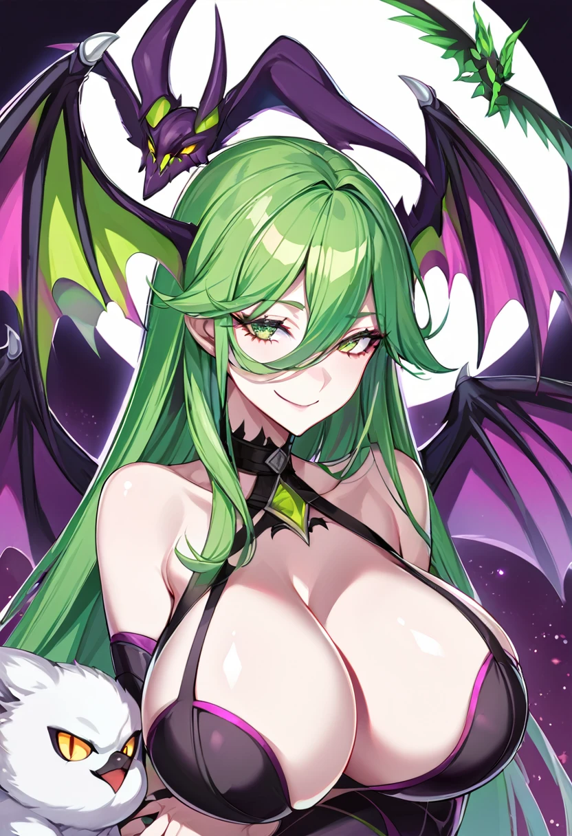 One girl, Morrigan Aensland, alone, Long Hair, Cleavage, head wing, Exposing shoulders, Green Hair, Bridal Gauntlet, Devil Girl, Green Eyes, View your viewers, wing, One \(animal\), smile, With clavicle, Upper Body, One wing,Mature Woman,Huge breasts,(Glowing Skin),(Mature Woman:1.2),