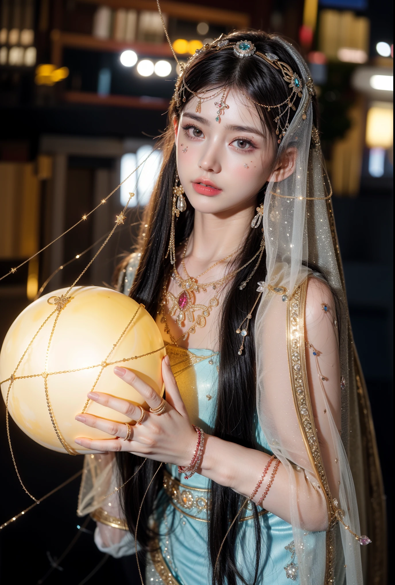 Very detailed, Delicate face, Photorealistic style, Stock Photography ,  Colorful, Surrealism, Realistic textures, Dramatic Lighting, Distiller 800  (8K, original photo, Better quality, masterpiece: 1.2), Very detailed, (Extremely delicate skin: 1.2), 8k Ultra HD, SLR camera, Soft Light, high quality， Frozen queen,, Snow Castle，Blue pupils，Wear red lipstick，Tattoo Queen，Gorgeous clothing，Gemstones, diamonds, gold jewelry，8K quality，Holding the moon in hand，Fingers straightened