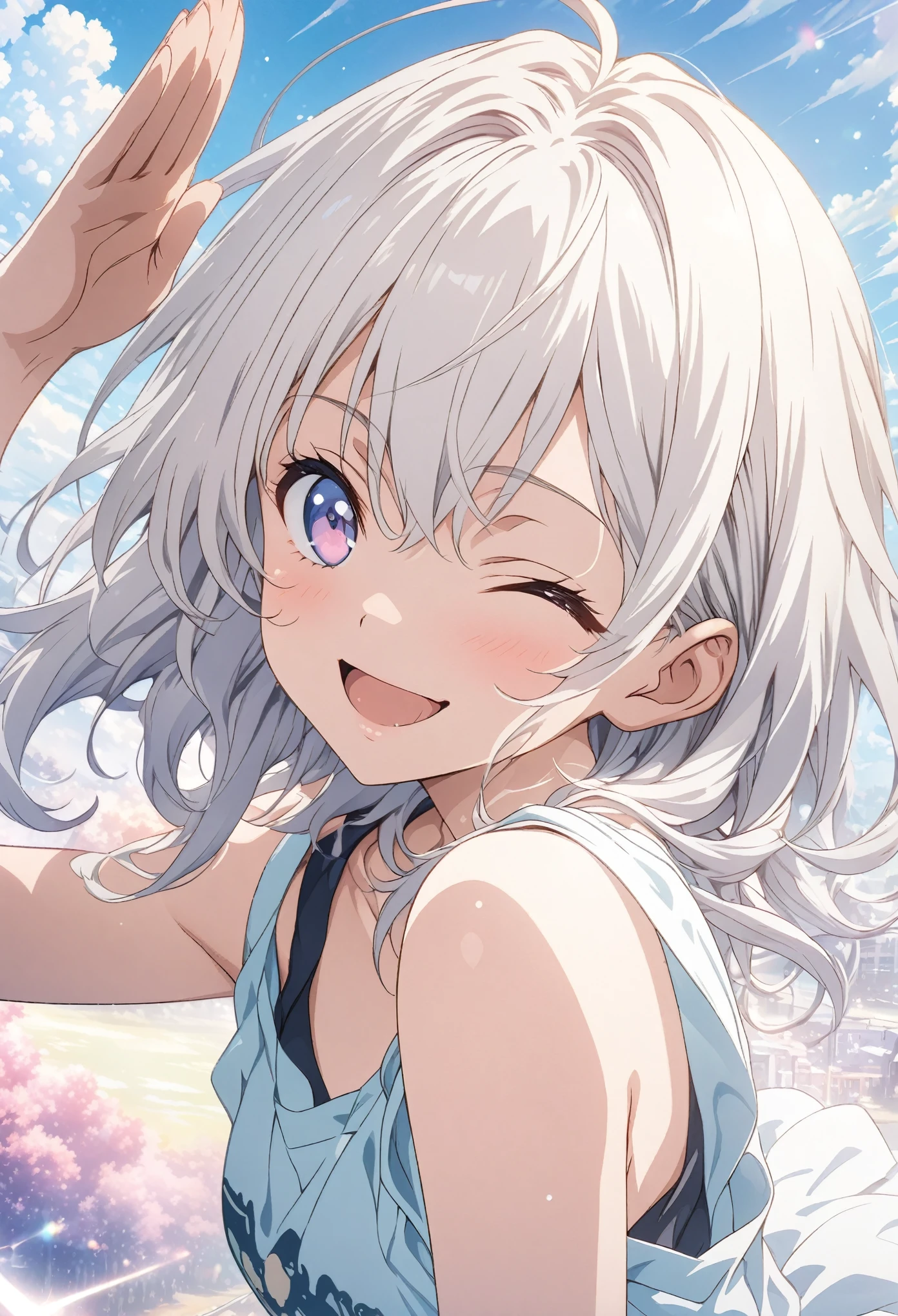 masterpiece, Highest quality, Highly detailed CG Unity 8k wallpaper, High School Girl Anime Illustration. Wear an oversized tank top、Salute、she has her eyes closed and mouth open, smile. The background is a light pastel colored landscape., White hair color