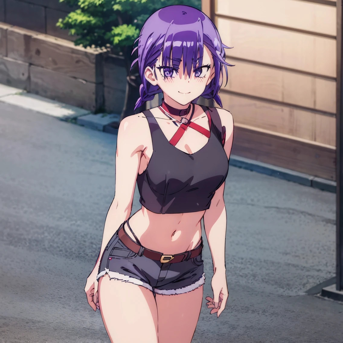 ((1girl)),((alone)), asumi kominami,(masterpiece), (best quality), (ultra detailed), (best illustration), (best shadow), (absurdities), sharp focus, cowboy photo , looking at viewer, big breasts, narrow waist, wide hips, medium thighs, round butt, dynamic posture, purple eyes, purple hair, short hair, black shirt, sleeveless, bare shoulders, hair between eyes, jewelry, choker, bare waist ,navel, short shorts, jean shorts, bare legs, arms in v, hands together, smiling, playful look, seductive smile, closed mouth, serious expression, (sexy pose: 1.2), ((alone)), standing: 1.3, exterior, cityscape, city, streets, night, city lights, looking forward, ((focus on breasts)), point of view (from above), red blush, perfect anatomy, perfect hands.