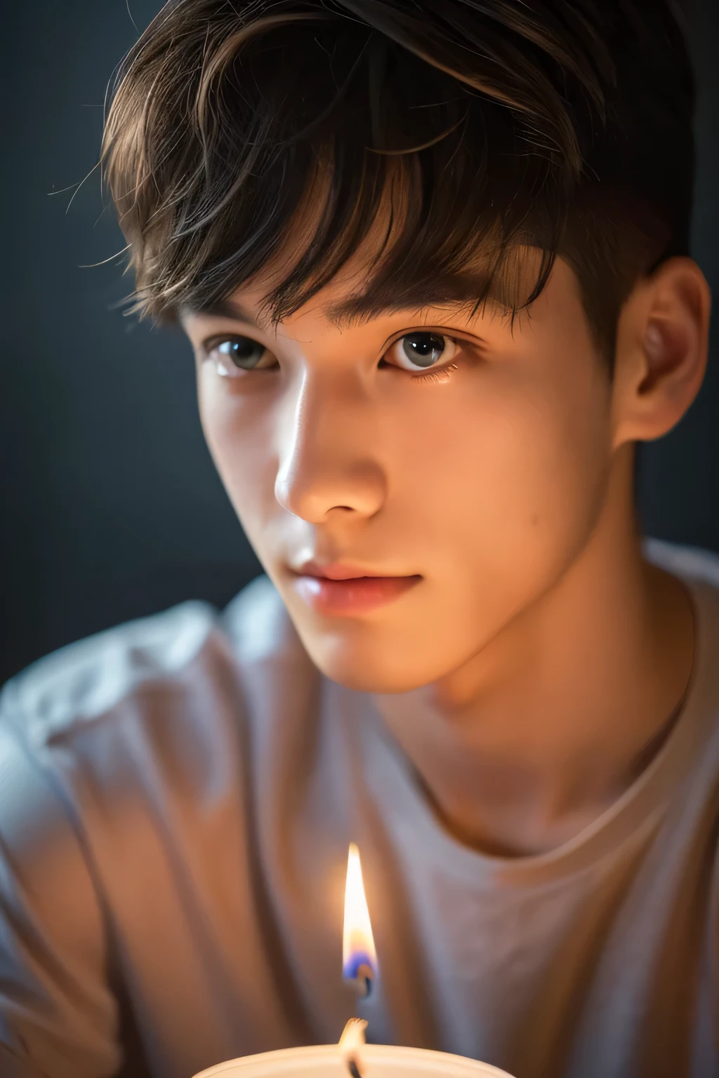 Highest quality, masterpiece, Ultra-high resolution, (Realistic: 1.4), Original photo, wallpaper, Head Photo, skin, Simple Background, Iris, detailed, Selfie, 1 boy, 18-year-old, good looking, Candles