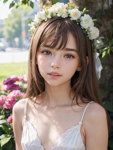 ((Russian woman))、Very sleepy face、face so tired:1.2、open mouth、Narrowed eyes:1.1、Raw photography, (((Very beautiful portrait))), 1girl in,   girl, ((Natural brown hair)), [Brown-eyed],Gentle smile staring at the camera、((​masterpiece, top-quality, ultra-detailliert, intricate detailes, hight resolution, 8K, ighly detailed)), detailedbackground, hightquality,  Shallow depth of field, face perfect、A detailed eye、White teeth:1.1、tiny chest、((flat chest:1.3))、skinny thigh