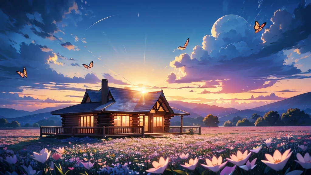 a relaxing cabin in a peaceful flower field in surreal anime style for ambient music cover.at sunset and glass butterflies float through the scene. Smooth and ethereal animation style, reminiscent of the works of Hayao Miyazaki mixed with the surrealism of 'Paprika'. Soft and dreamlike color palette: deep blues, soft greens and delicate pinks. The general atmosphere is serene and mystical. Composition that invites the viewer to immerse themselves in this dream world