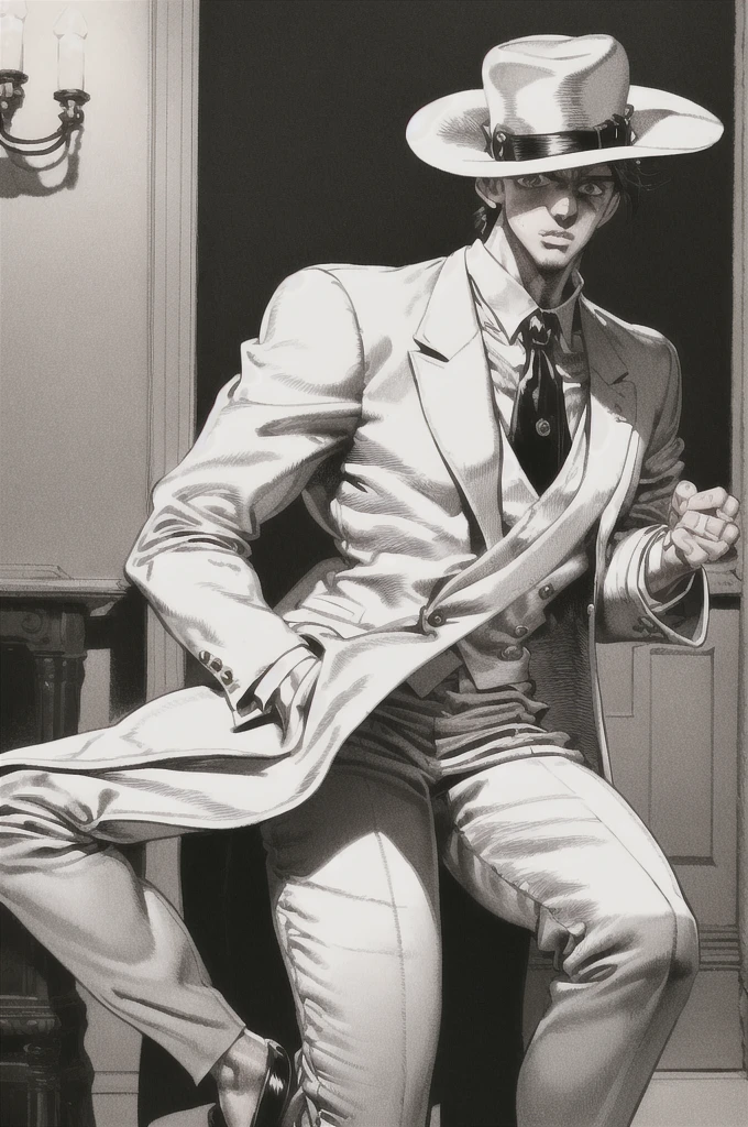 1boy, hat, suit, white suit, mature male, (best quality, masterpiece:1.3)