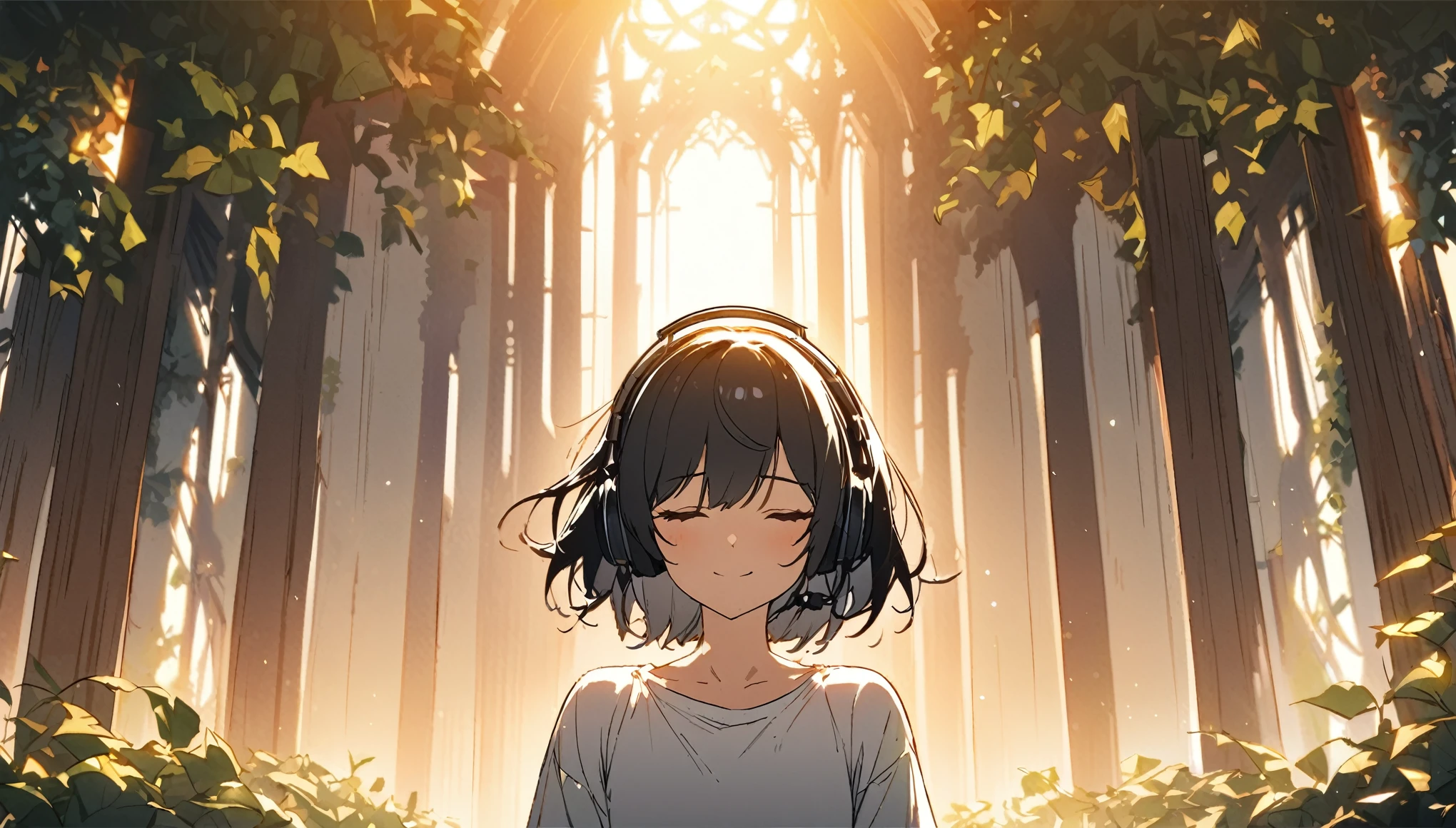 1girl, solo, b, flat chest, short hair, black hair, gentle smile on her face, white shirt, the sun shining light on her ((masterpiece, illustration, best quality)) 1girl, and, Rule of Thirds Profound foliage with Ivy, at Sunrise, Embarrassing, Cleancore, split lighting, Bright design, contest winner, beautiful, closing eyes while listing to music while wearing headphones