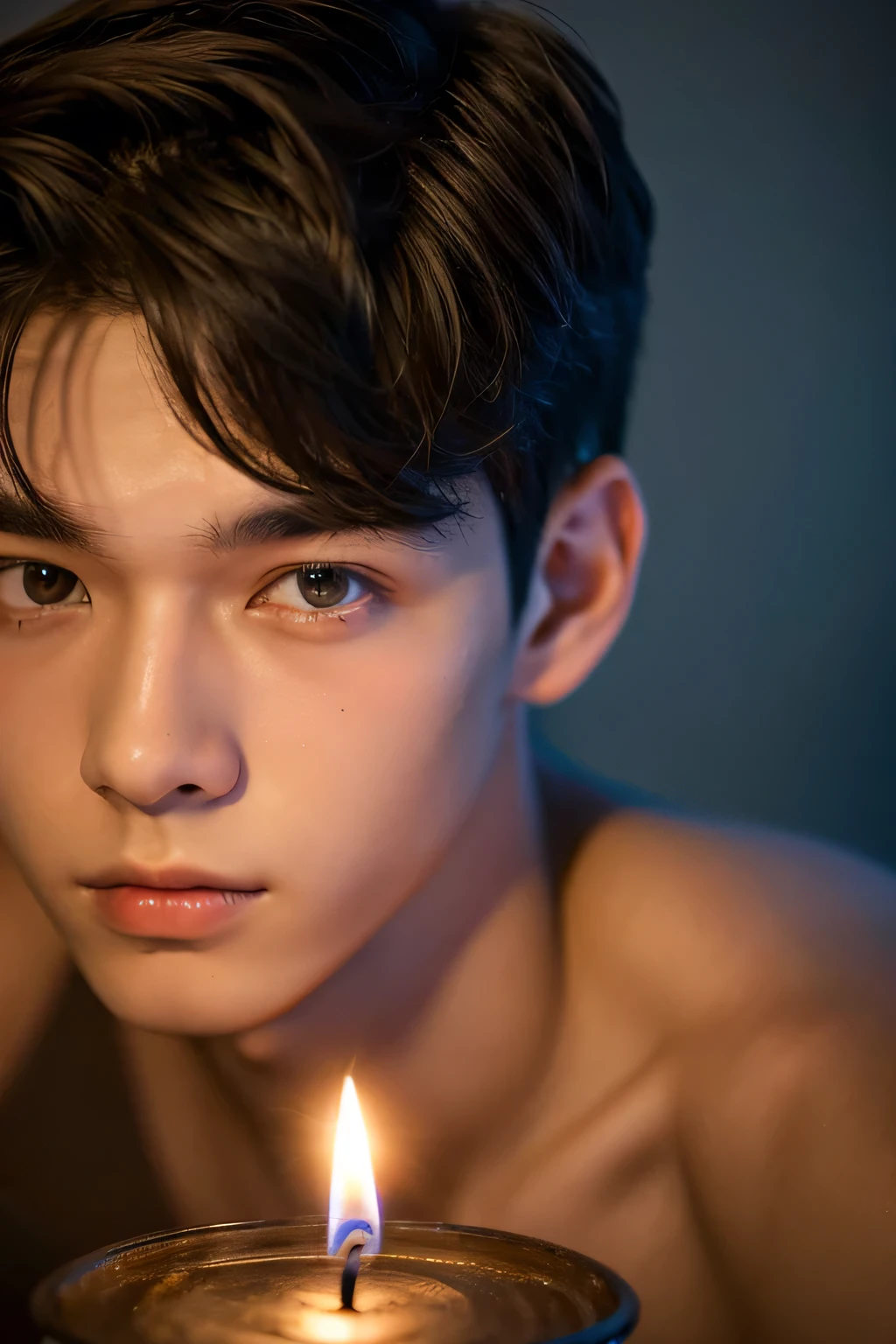 Highest quality, masterpiece, Ultra-high resolution, (Realistic: 1.4), Original photo, wallpaper, Head Photo, skin, Simple Background, Iris, detailed, Selfie, 1 boy, 18-year-old, good looking, Candles