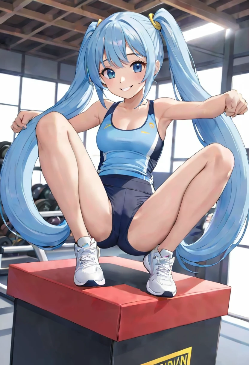 A beautiful girl with long light blue hair and twin tails, Wear gym clothes, Jumping on a vaulting box. Bright smile