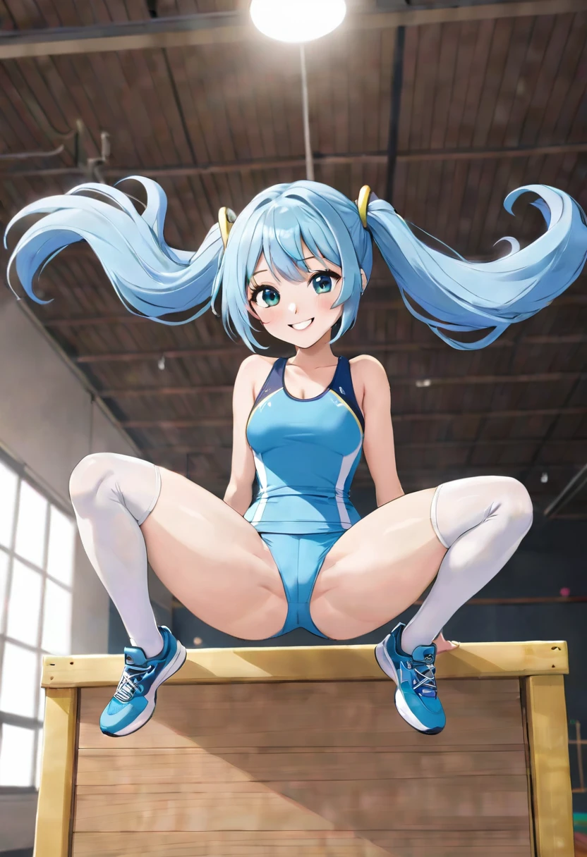 A beautiful girl with long light blue hair and twin tails, Wear gym clothes, Jumping on a vaulting box. Bright smile