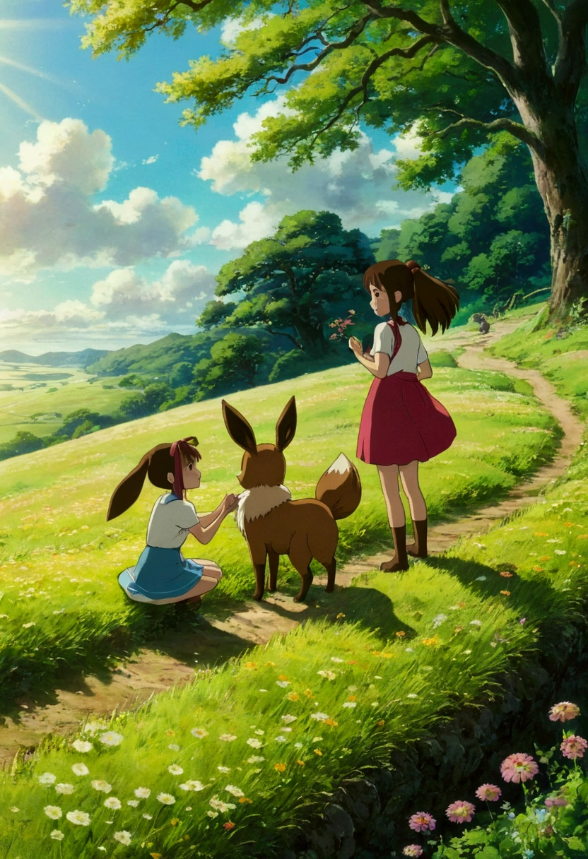 Ghibli summer countryside Eevee and girl