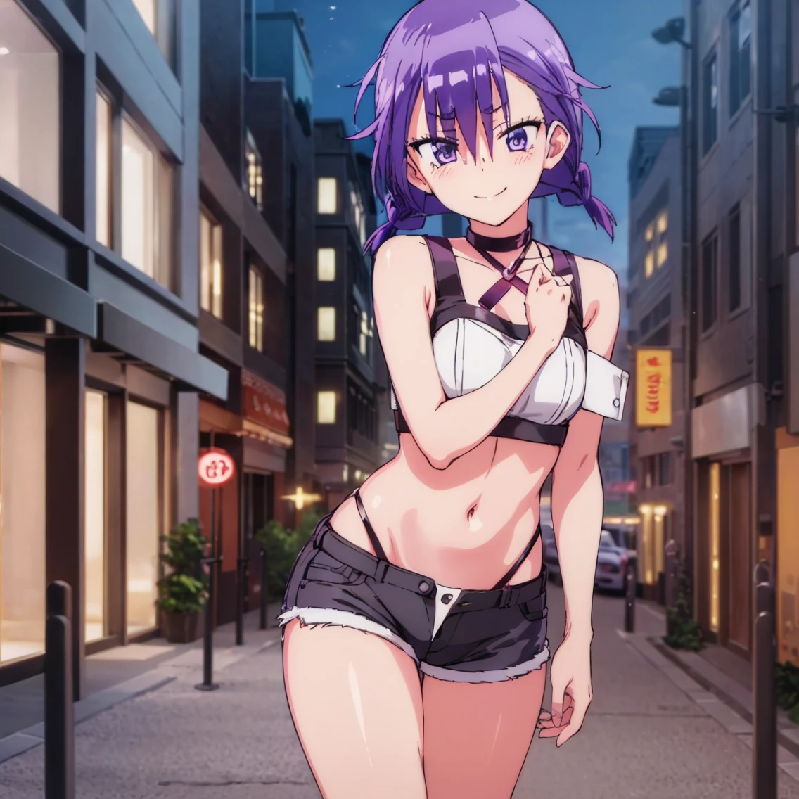 ((1girl)),((alone)), asumi kominami,(masterpiece), (best quality), (ultra detailed), (best illustration), (best shadow), (absurdities), sharp focus, cowboy photo , looking at viewer, big breasts, narrow waist, wide hips, medium thighs, round butt, dynamic posture, purple eyes, purple hair, short hair, black shirt, sleeveless, bare shoulders, hair between eyes, jewelry, choker, bare waist ,navel, short shorts, jean shorts, bare legs, arms in v, hands together, smiling, playful look, seductive smile, closed mouth, serious expression, (sexy pose: 1.2), ((alone)), standing: 1.3, exterior, cityscape, city, streets, night, city lights, looking forward, ((focus on breasts)), point of view (from middle), red blush, perfect anatomy, perfect hands.