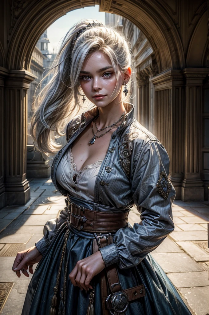 (masterpiece, best quality:1.2), cowboy shot, weissvale, smile, closed mouth, looking at viewer, long white hair, side ponytail, scar above eye, scar below eye, military dress, jewelry, necklace, earrings, future_urban, standing outside, ornate palace, men and women in military uniforms, arch, pillars, (volumetric lighting), intricate details, tonemapping, sharp focus, hyper detailed