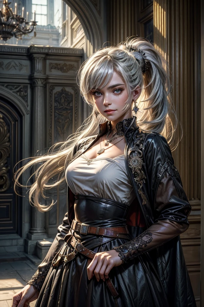 (masterpiece, best quality:1.2), cowboy shot, weissvale, smile, closed mouth, looking at viewer, long white hair, side ponytail, scar above eye, scar below eye, military dress, jewelry, necklace, earrings, future_urban, standing outside, ornate palace, men and women in military uniforms, arch, pillars, (volumetric lighting), intricate details, tonemapping, sharp focus, hyper detailed