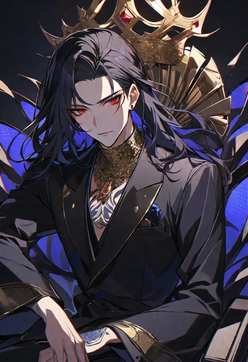 alone,good looking,
1. male,
bangs,Straight hair,Bob Hair,
Black Hair,
Satoru Gojo ,noble,
Red eyes,
beautiful,Sexy,darkness,Gold Necklace,
Black suit ,King,crown,Slender,Blue Rose Tattoo,
Black Background ,High resolution, sit,Darkness,devil,Black light,iconSolo, Close-up windy hair, Side braids,