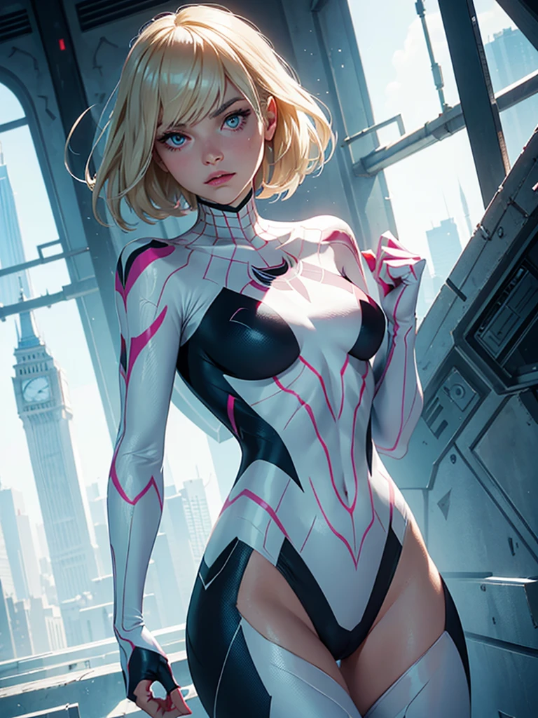 Behind, (masterpiece), Best quality, expressive eyes, perfect face, a high resolution, 1 girl, One, gwen stacy, SPIDER GWEN, Spider-Gwen Costume, Body, without masks, blonde hair, standing, portrait, I look at the viewer, 