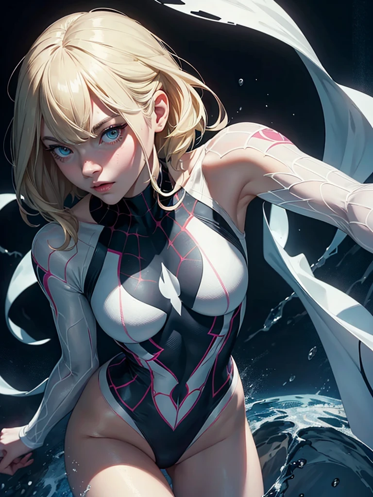 Behind, (masterpiece), Best quality, expressive eyes, perfect face, a high resolution, 1 girl, One, gwen stacy, SPIDER GWEN, Spider-Gwen Costume, Body, without masks, blonde hair, standing, portrait, I look at the viewer,