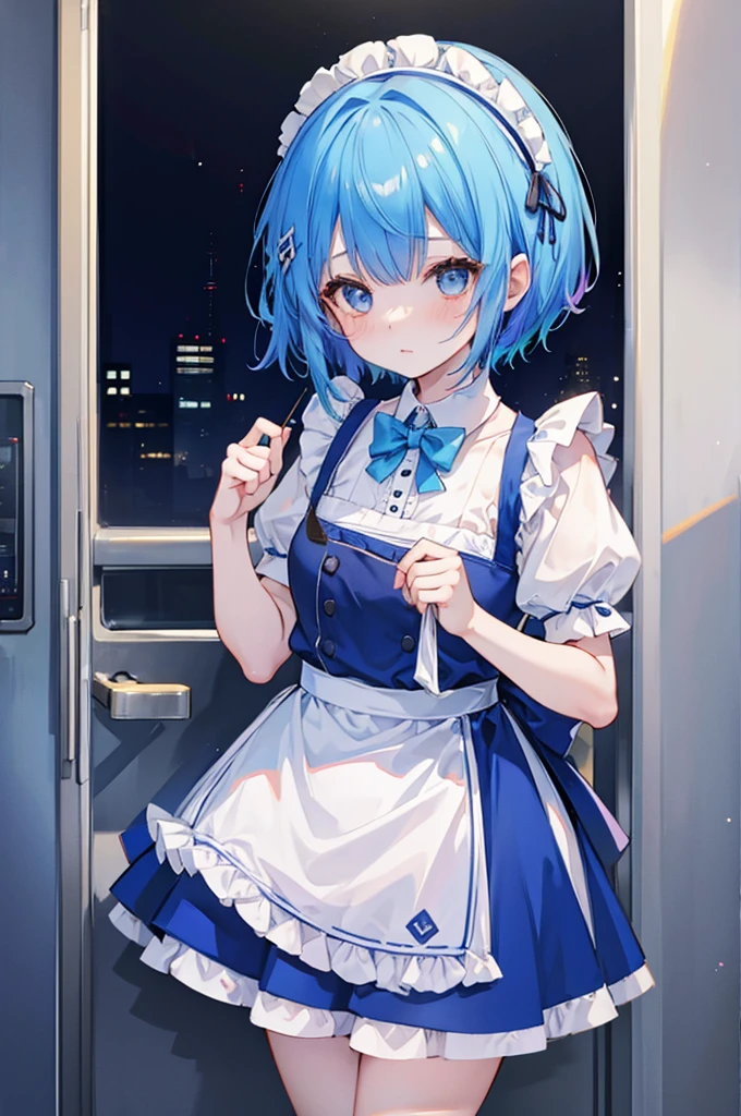 Girl、Blue hair short、Maid clothes、Embarrassed