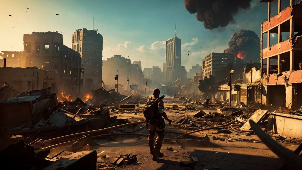 A picture taken from a video game shows a city destroyed by fire, city in ruins, fire, city on fire