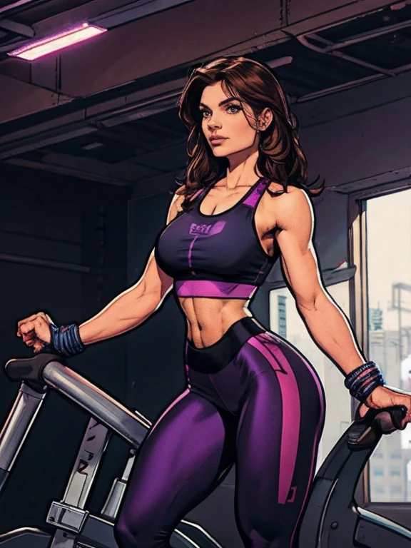 gym girl, shorth hair, light brunette cor , ssmile, uncanny, Standing in the gym, purple sports blouse, legging preta, earbuds, workout equipment, weighing machines, janelas, modern gym, well-lit, lean and toned physique, , Normal Waist , Slim Hips, Legs long, modern background, dark calmo , magical atmosphere, gym angle.