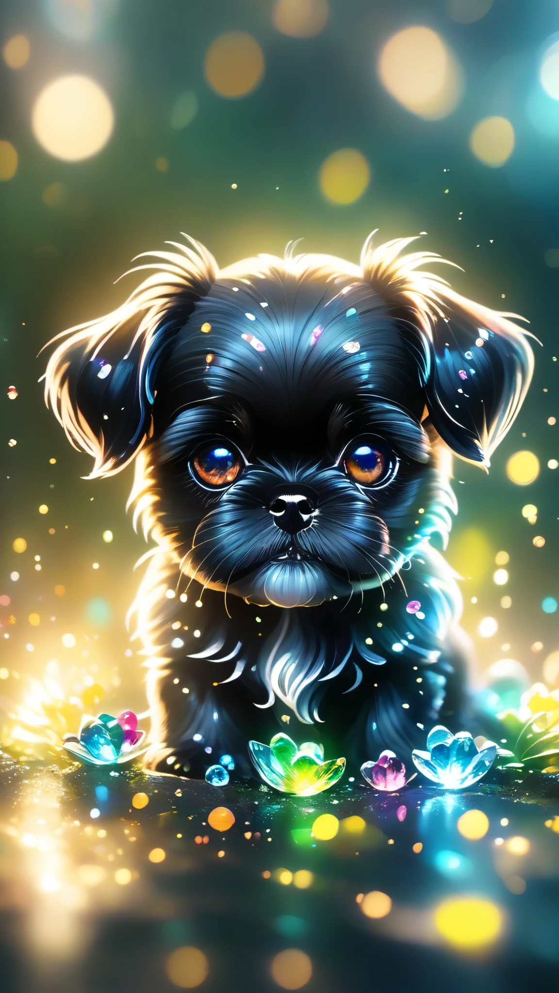 2 adorable small black shih tzu puppies blue crystal eyes, smiling, happy, Sparkling crystals, delicate tentacles, Vivid colors, surreal background, Ethereal Light, flickering reflection, Intricate details, Mysterious atmosphere,dream-like, Milky Way, Cleanliness, Sparkling, Sparkling, Splendor, colorful, Great cinematography, Dramatic Light, Photorealism, Super detailed, 4K, Depth of written boundary, High resolution、
crystal flower