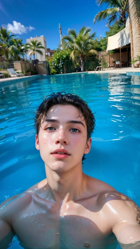 a beautiful boy in a pool, detailed face and eyes, long eyelashes, golden hair, sunlight, warm atmosphere, highly detailed, photorealistic, 8k, masterpiece, intricate details, vibrant colors, natural lighting, cinematic composition, dreamy mood, ethereal quality