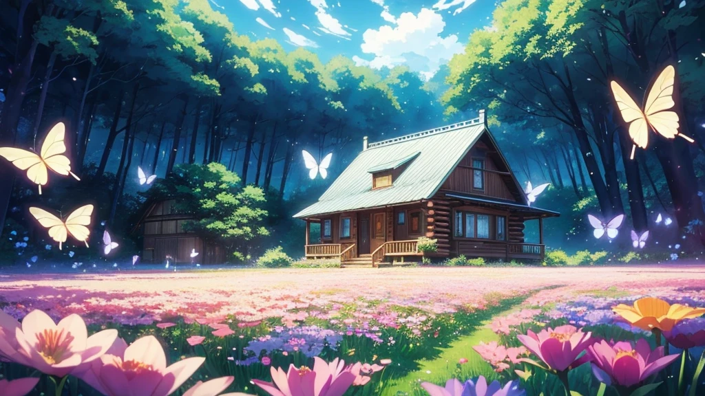 a relaxing cabin in a peaceful flower field in surreal anime style for ambient music cover. on an afternoon and glass butterflies float across the scene. Smooth and ethereal animation style, reminiscent of the works of Hayao Miyazaki mixed with the surrealism of &#39;Paprika&#39;. Soft and dreamlike color palette: deep blues, soft greens and delicate pinks. The general atmosphere is serene and mystical. Composition that invites the viewer to immerse themselves in this dream world