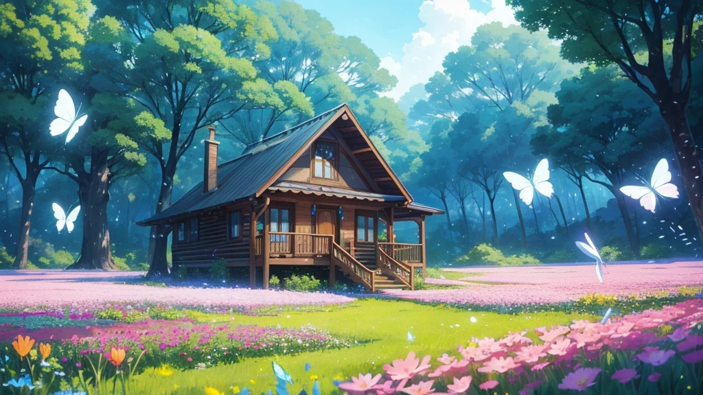 a relaxing cabin in a peaceful flower field in surreal anime style for ambient music cover. on an afternoon and glass butterflies float across the scene. Smooth and ethereal animation style, reminiscent of the works of Hayao Miyazaki mixed with the surrealism of &#39;Paprika&#39;. Soft and dreamlike color palette: deep blues, soft greens and delicate pinks. The general atmosphere is serene and mystical. Composition that invites the viewer to immerse themselves in this dream world