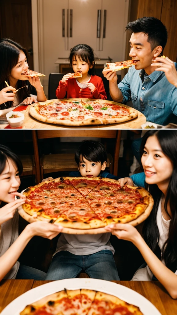 family together eating pizza 