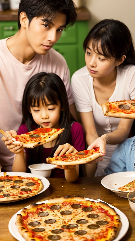family together eating pizza