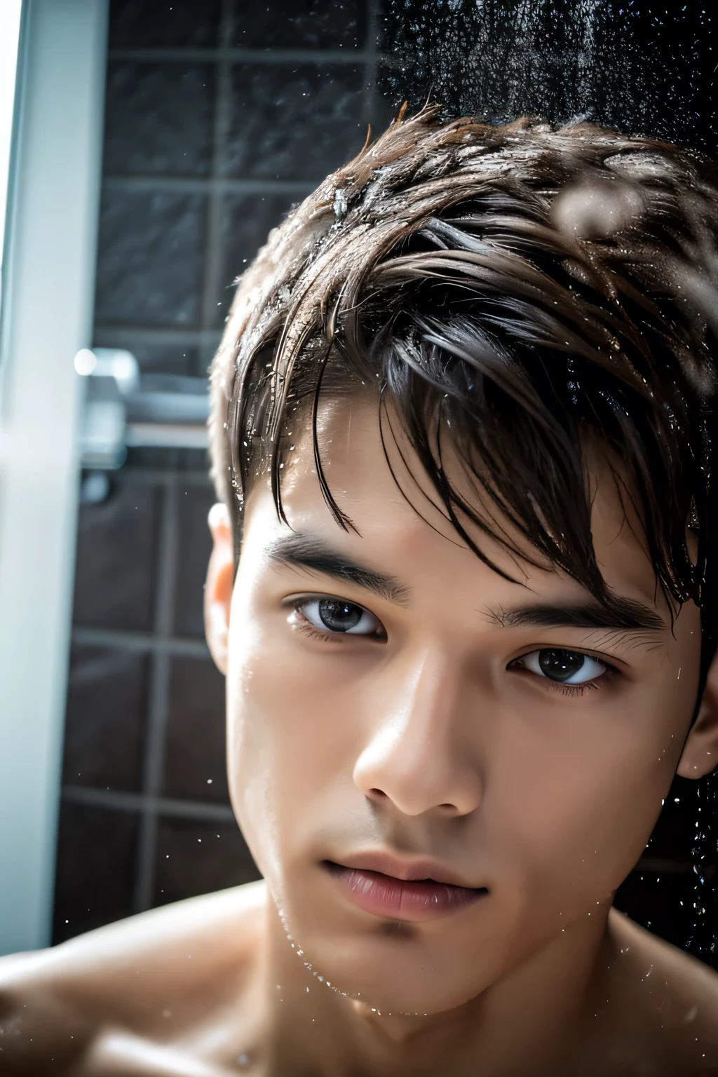 Highest quality, masterpiece, Ultra-high resolution, (Realistic: 1.4), Original photo, wallpaper, Head Photo, skin, Simple Background, Iris, detailed, Selfie, 1 boy, 18-year-old, good looking, Wind,shower