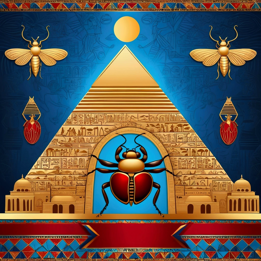 Create a background that represents Egyptian culture, surrounded by hieroglyphs and symbols of beauty, like the lotus flower and the beetle. Use a vibrant color palette, incluindo azul, gold and red. Ao fundo, include silhouettes of pyramids and temples, with a mystical atmosphere that evokes the spirituality of Ancient Egypt
