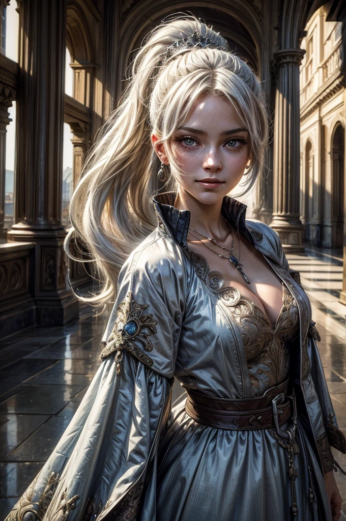 (masterpiece, best quality:1.2), cowboy shot, weissvale, smile, closed mouth, looking at viewer, long white hair, side ponytail, scar above eye, scar below eye, military dress, jewelry, necklace, earrings, future_urban, standing outside, ornate palace, men and women in military uniforms, arch, pillars, (volumetric lighting), intricate details, tonemapping, sharp focus, hyper detailed